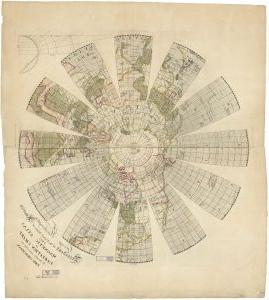 印在纸上的地图的彩色照片，因年代久远而变色. 主图像是一个带有经度和纬度线的地球仪，其中各大洲都用颜色标记了出来. 从北极向下看，极点在中心，地球被切成6个经度部分. 在右下角是黑墨水印刷的文字，用草书和印刷体写成, 致美利坚合众国总统乔治·华盛顿约翰·丘奇曼谦卑地题写了这张地图集或变异图.上面有两张蓝色邮票，上面写着“哈佛大学图书馆”.”